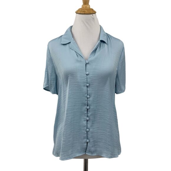 Vince Camuto Shirt Womens XS Extra Small Sky Satin Round Button Short Sleeve Tie - Picture 1 of 13